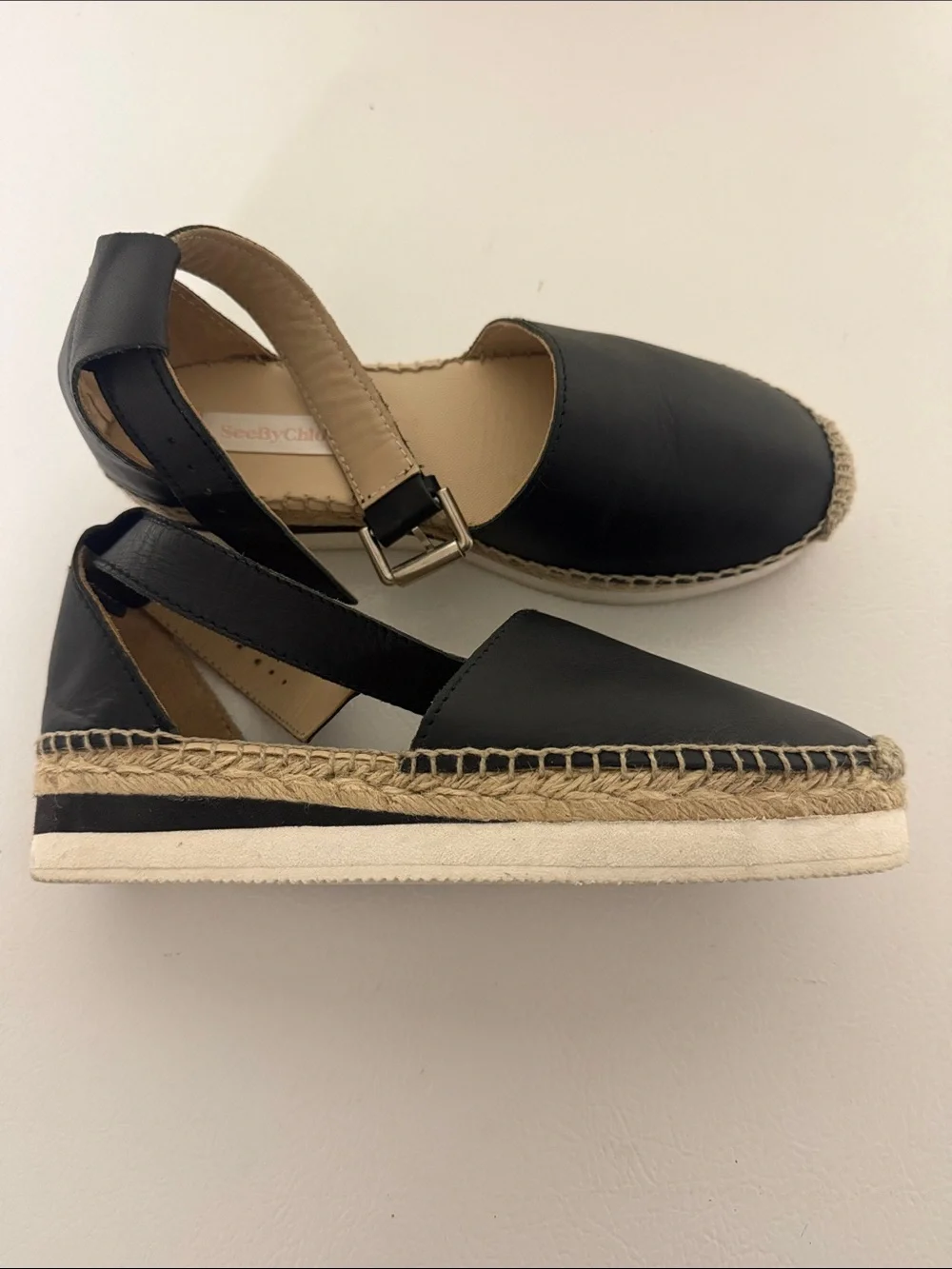 See By Chloé Black Leather Espadrille with Ankle Strap